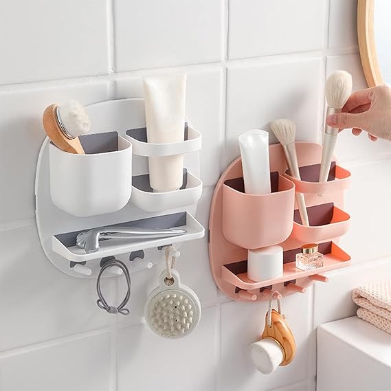 Storage Racks, Wall Mounted Pen Pencil Holder, Wall Shelf Floating Nail-Free Key Rack for Wall with 4 Hooks