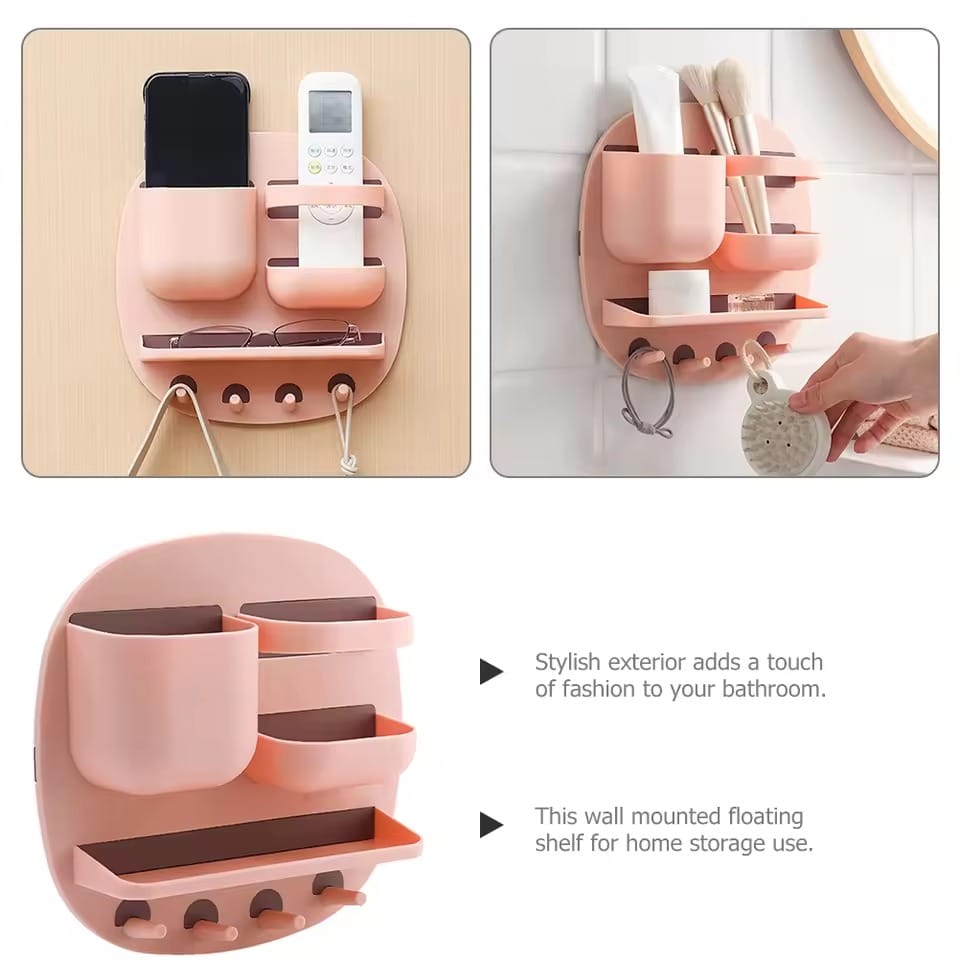 Storage Racks, Wall Mounted Pen Pencil Holder, Wall Shelf Floating Nail-Free Key Rack for Wall with 4 Hooks